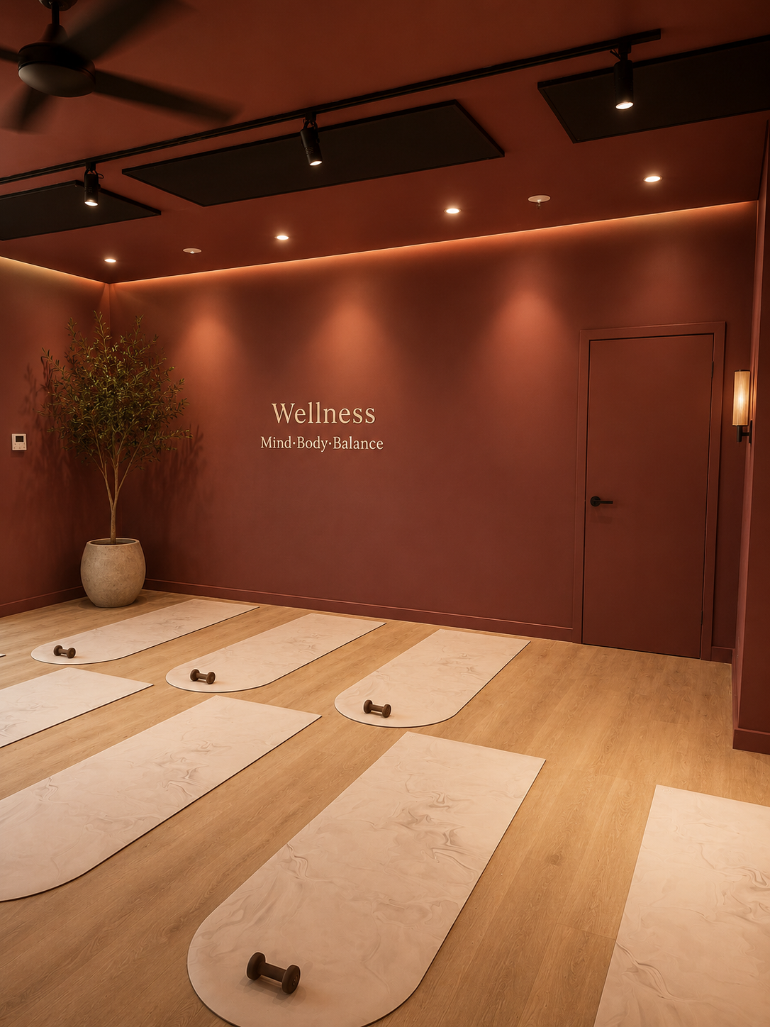 The burgundy wellness room laid out with mats and hand weights